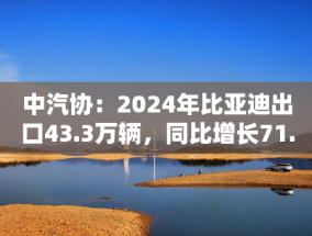 中汽协：2024年比亚迪出口43.3万辆，同比增长71.8%